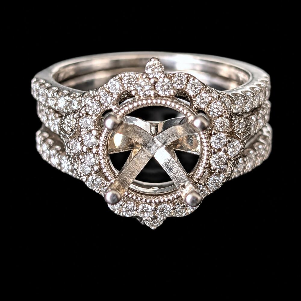 Shane Co 3 Rings Bridal Semi Mount Set Diamonds 14k White Gold Engagement 7.5mm